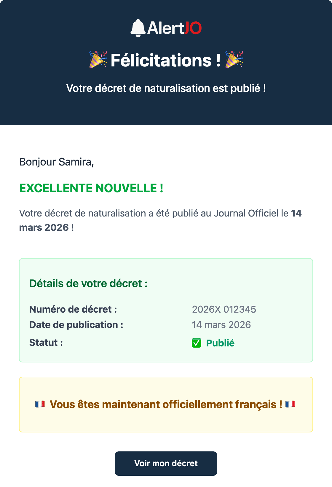 Exemple de l'email envoyé par AlertJO quand un décret de naturalisation est publié